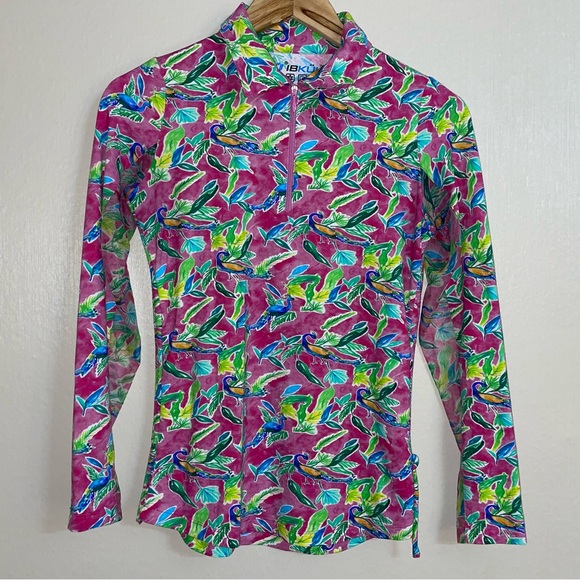 IBKUL Quick Dry UPF Top Womans XS Long Sleeve 1/4 Zip Shirt Golf Pink Peacock - Picture 1 of 13